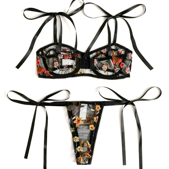 Floral Fall Embroidery Bra & Side Tie Thong - Picture 2 of 8